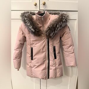 Mackage Pink Kids Jacket with Leather and Fur Trim